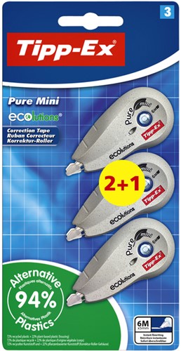 Correctietape Tipp-Ex mini pure ecolutions 5mmx6m blister 2+1 gratis