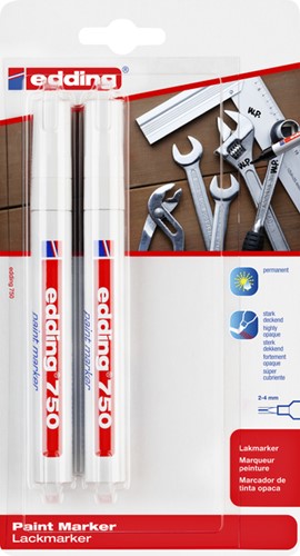 Paintmarker edding 750 op oliebasis 2-4mm wit blister à 2 stuks