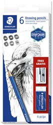 Potlodenset Staedtler Design Journey Lumograph met gratis gum en puntenslijper 6 stuks