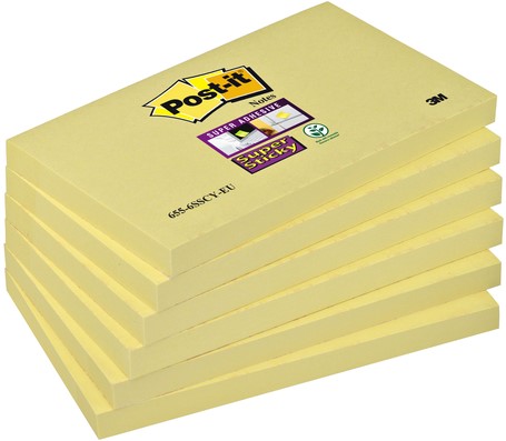 Memoblok 3M Post-it 655 Super Sticky 76x127mm geel p/6 blokjes