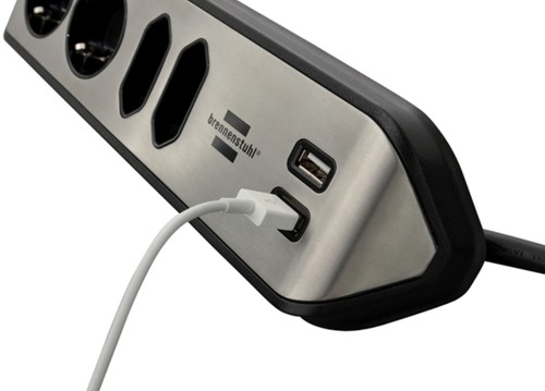 Stekkerdoos Brennenstuhl bureau Estilo 4 voudig inclusief 2 USB 2 meter zwart/zilver-1