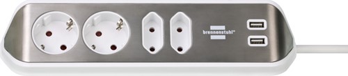 Stekkerdoos Brennenstuhl bureau Estilo 4 voudig inclusief 2 USB 2 meter wit/zilver