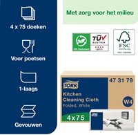 Reinigingsdoek Tork W4 Premium gevouwen 1-laags 4x75 vel wit 473179-3