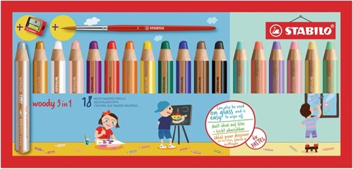 Kleurpotloden STABILO 880 woody 3 in 1 incl puntenslijper en penseel assorti etui à 18 stuks