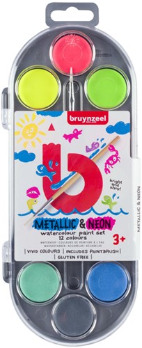 Waterverfset Bruynzeel Kids penseel assorti metallic en neon 12 napjes