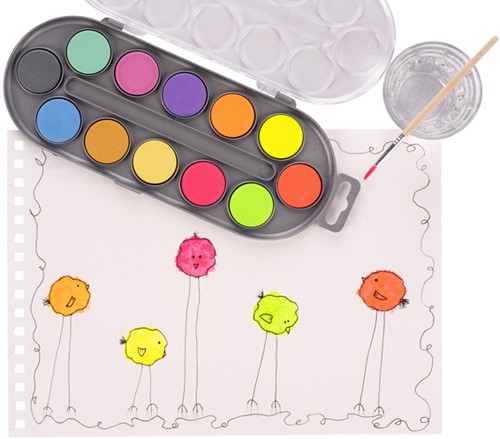 Waterverfset Bruynzeel Kids penseel assorti metallic en neon 12 napjes-1