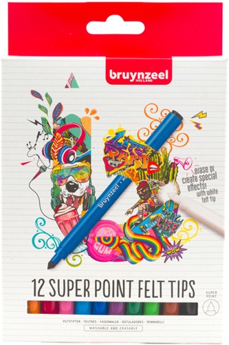 Viltstift Bruynzeel Super Point met witte wisstift assorti 12 stuks