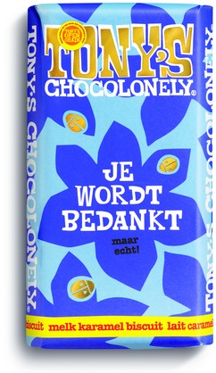 Chocolade Tony's Chocolonely je wordt bedankt reep melk karamel biscuit 180gr