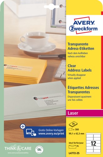 Etiket Avery L4772-25 99.1x42.3 mm transparant mat 300 stuks