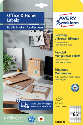 Etiket Avery LR3666-10 38x21.2mm recycled wit 650 stuks