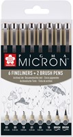 Fineliner Sakura Pigma Micron 6 schrijfbreedtes - 2 brushpen koudgrijs