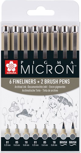 Fineliner en brushpen Sakura Pigma Micron koudgrijs set à 8 stuks assorti