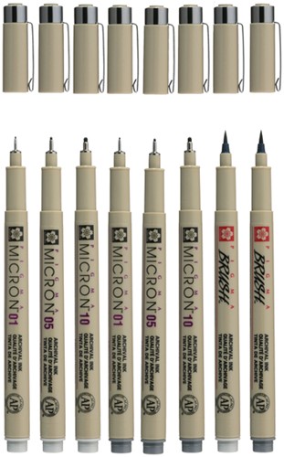 Fineliner Sakura Pigma Micron 6 schrijfbreedtes - 2 brushpen koudgrijs-3