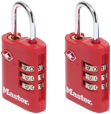 Hangslot Masterlock 3-cijfer combi TSA set van 2 sloten assorti in willekeurige kleur 30mm 2 stuks