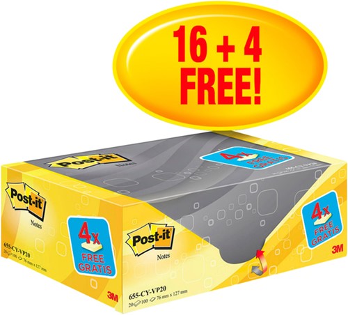 Memoblok 3M Post-it 655 76x127mm geel 16 + 4 gratis