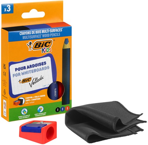 Whiteboardpotlood BicKids Multi Surface + puntenslijper/doekje ass 3st-3