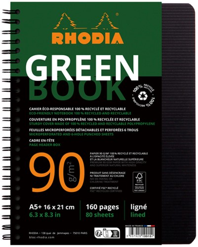 Notitieboek Rhodia Greenbook A5 lijn 6-gaats 180 pagina's 90gr zwart