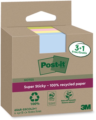 Memoblok 3M Post-it 654 RSSCOL 76x76mm assorti kleur 3+1 gratis