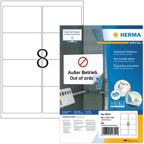 Etiket HERMA 10312 99.1x67.7mm verwijderbaar wit 800 stuks