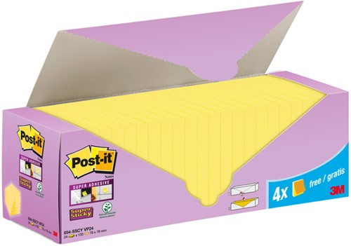 Memoblok 3M Post-it 654-SSCY Super Sticky 76x76mm geel voordeelpak