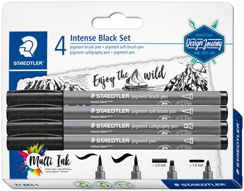 Brushpen Staedtler PigmentArts Intens zwart set à 4 schrijfbreedtes
