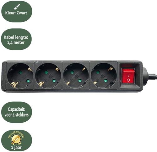 Stekkerdoos BRASQ  4 voudig 1.4 meter zwart-3