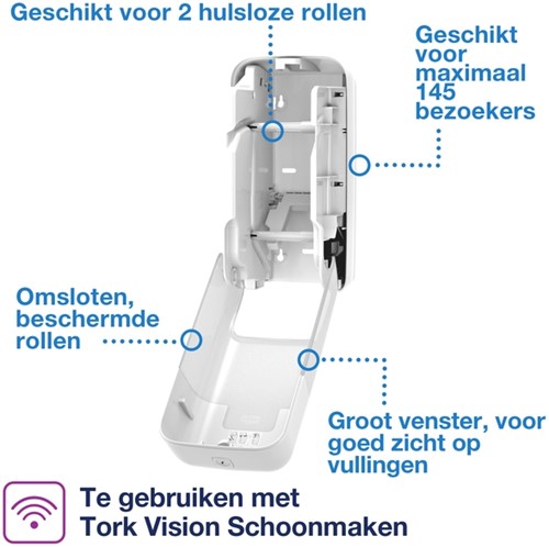 Toiletpapierdispenser Tork T7 Elevation OptiServe Coreless medium verticaal duo wit 558040-3