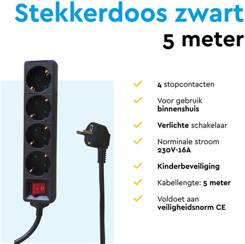 Stekkerdoos BRASQ 4 voudig 5 meter zwart-2