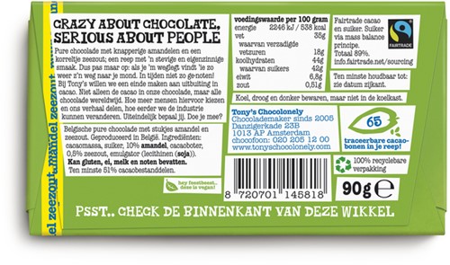 Chocolade Tony's Chocolonely puur amandel zeezout reep 90 gram-1
