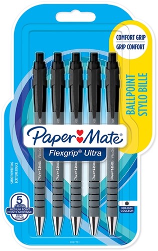 Balpen Paper Mate Flexgrip Ultra medium zwart blister à 5 stuks