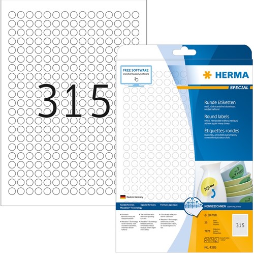 Etiket Herma 4385 rond 10mm verwijderbaar wit 7875stuks