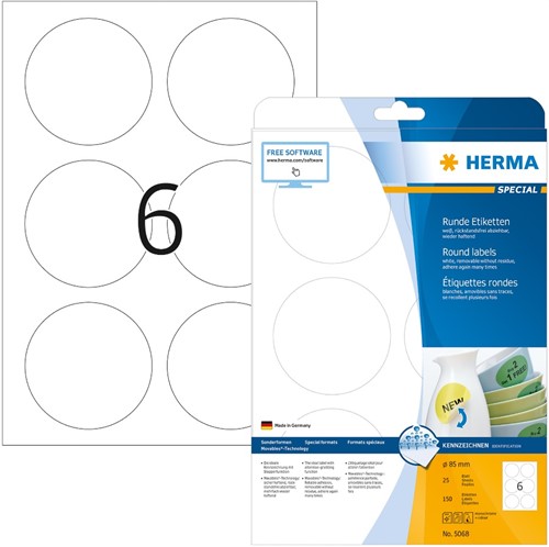 Etiket Herma 5068 rond 85mm verwijderbaar wit 150stuks
