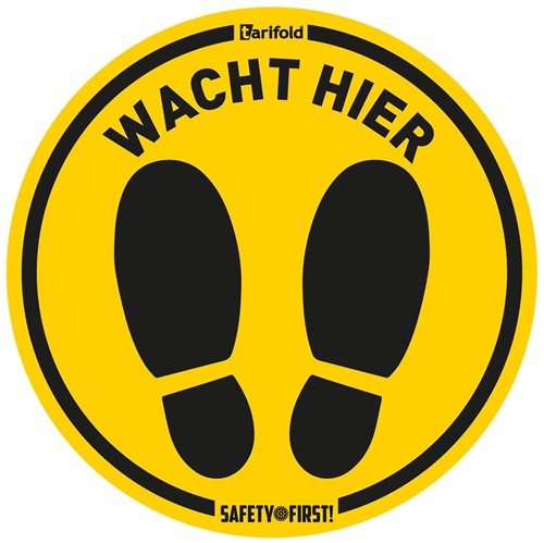 Vloersticker wacht hier geel/zwart Ø350mm gelamineerd vinyl
