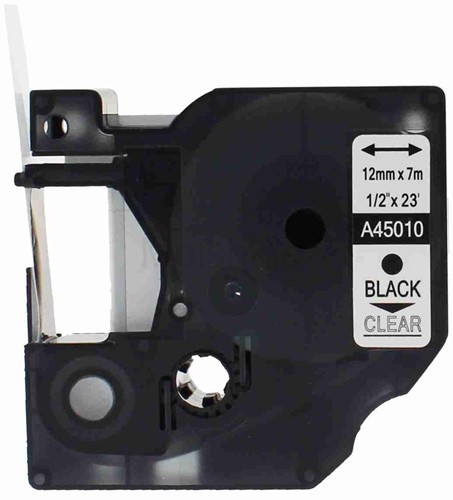 Labeltape 45010 D1 12mmx7m zwart op transparant-2