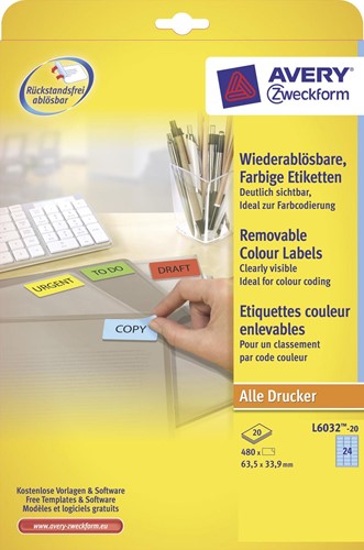 Etiket Avery L6032-20 63.5x33.9mm verwijderbaar blauw 480stuks 