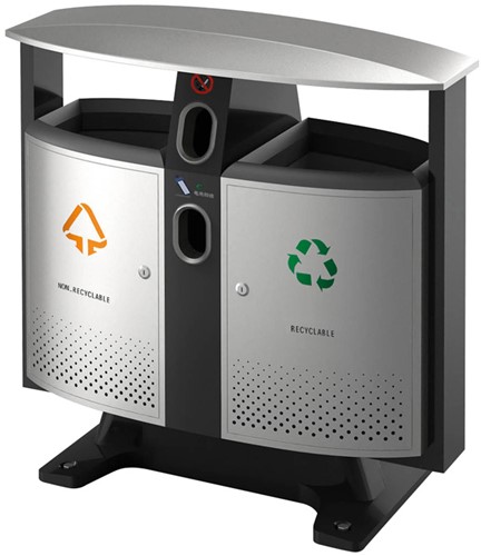 Buitenafvalbak voor afvalscheiding + lege batterijen zwart/aluminiumgrijs