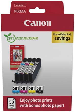 Inktcartridge Canon CLI-581 4 kleuren + papier