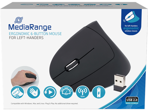 Ergonomische Muis MediaRange 6 knoppen draadloos links zwart