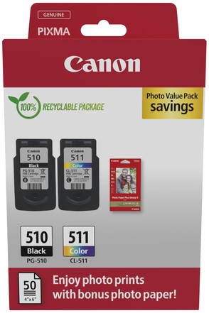 Inktcartridge Canon PG-510 CL-511 zw + kl + papier