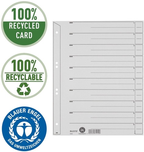 Scheidingsbladen Leitz A4 karton 200gr 6-gaats grijs 100 stuks-1