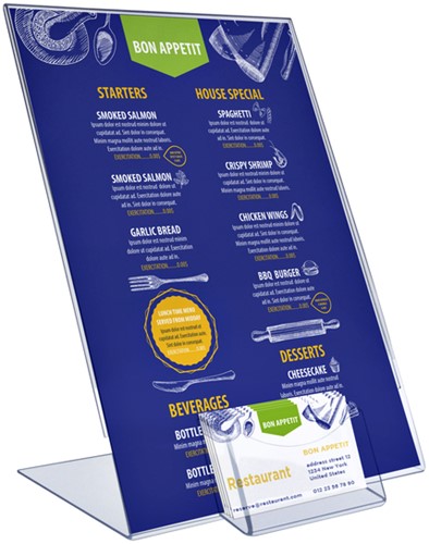 Kaarthouder Europel L-standaard A4 staand acryl met visitekaartbakje-3