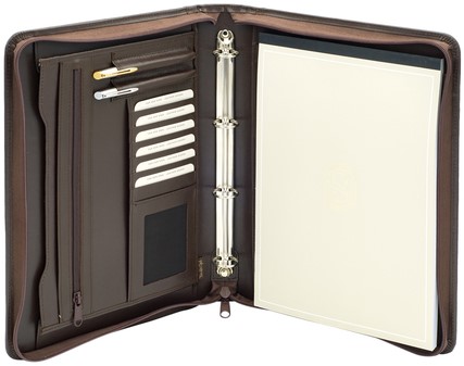 Schrijfmap van der Spek A4 4-rings 25mm O-mechaniek + rits leer met nerf bruin