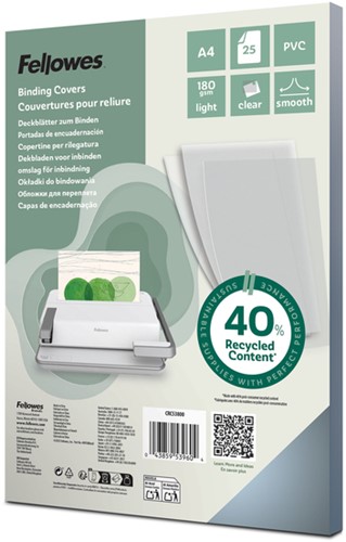 Voorblad Fellowes A4 PVC 180micron recycled 25 stuks