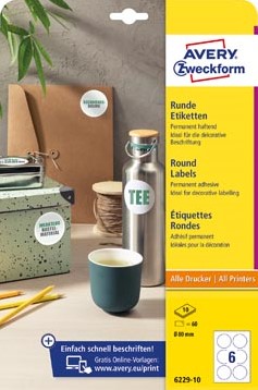 Etiket Avery Zweckform rond wit, diameter 80 mm, permanent klevend, 60 etiketten, 10 vellen