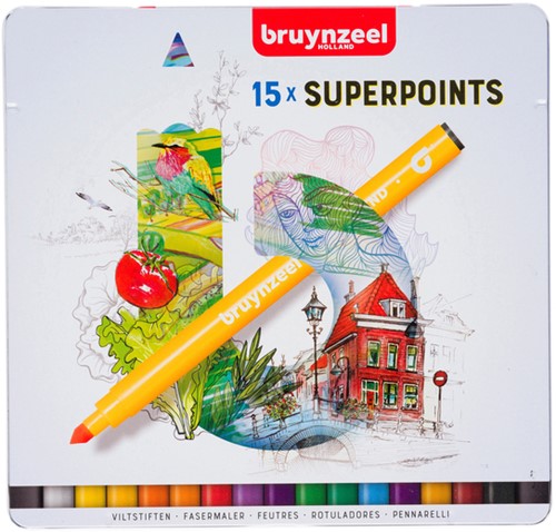 Viltstift Bruynzeel Creatives Superpoints assorti blik à 15 stuks