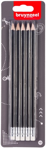 Grafietpotlood Bruynzeel Teens HB met gum set à 5 stuks grijs