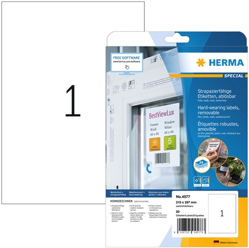 Etiket HERMA 4577 210x297mm folie wit 20 stuks