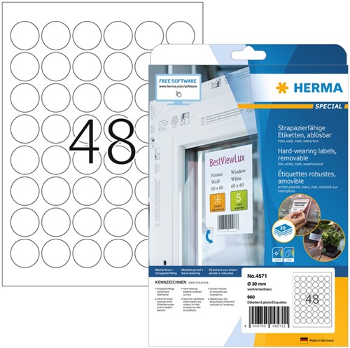 Etiket HERMA 4571 30mm rond folie wit 960 stuks