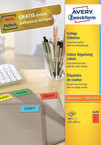 Etiket Avery 3470 210x297mm A4 rood 100 stuks