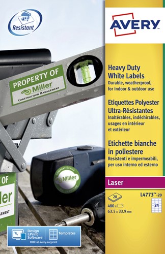 Etiket Avery L4773-20 63.5x33.9mm polyester wit 480 stuks